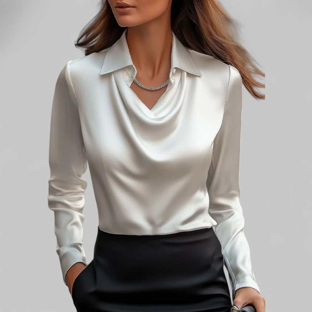 Women white satin draped neck long sleeve blouse with structured collar, front view shot