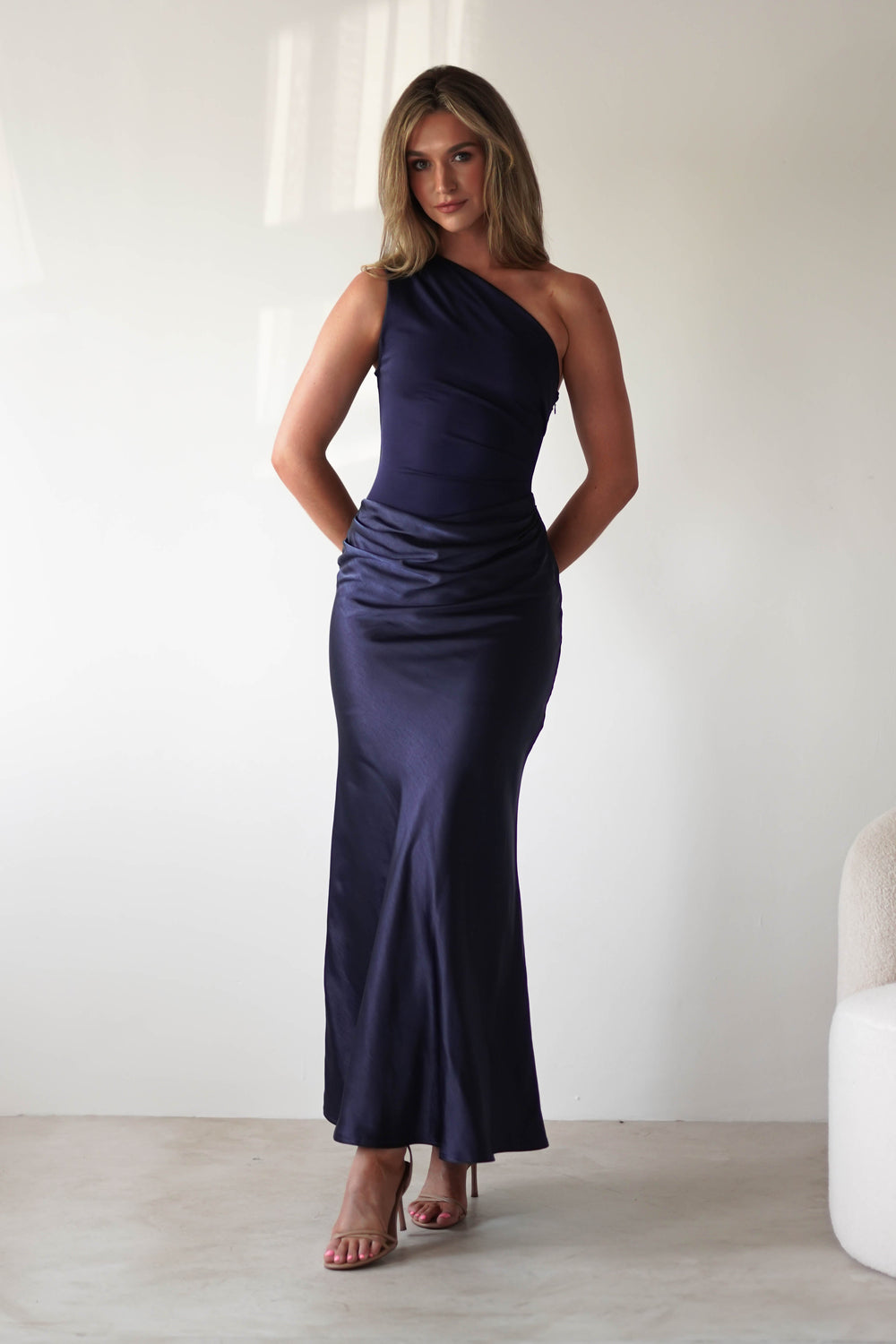 Women navy one shoulder satin maxi dress with gathered waist and floor-length hem