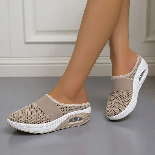 Women beige mesh slip-on mule walking shoes with elastic strap and cushioned platform