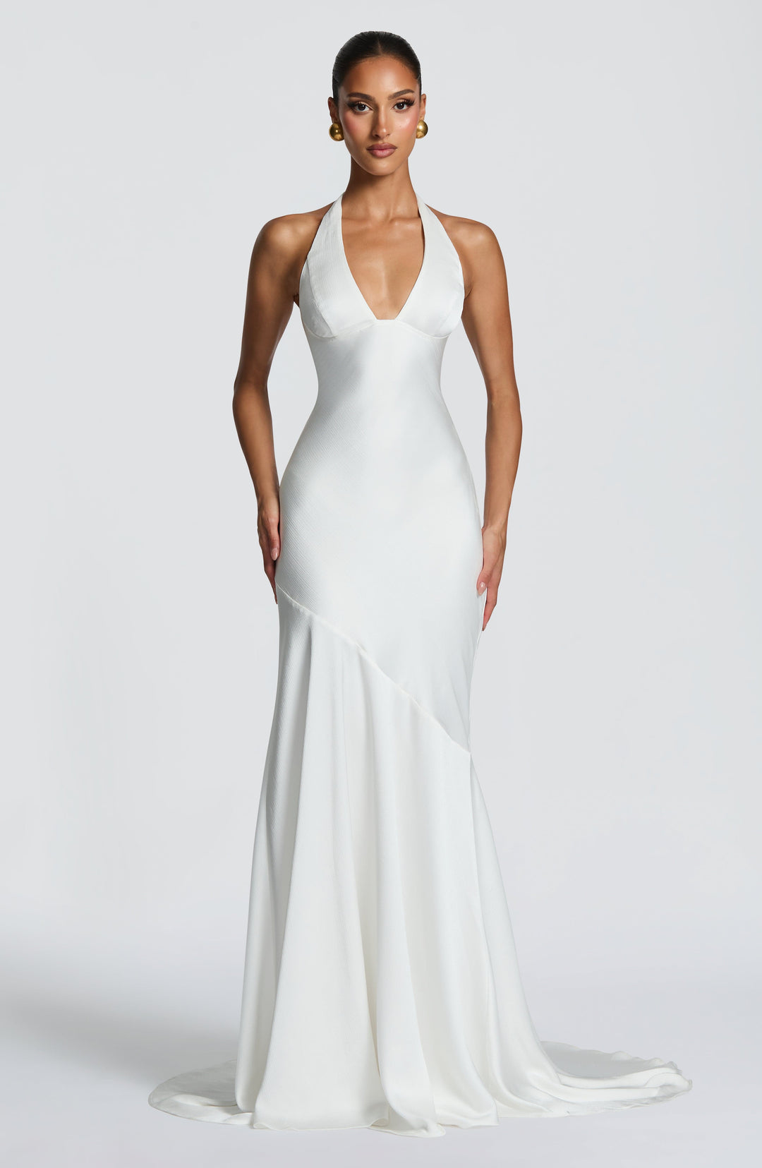 Women white halter V-neck maxi dress with fitted bodice and flowing skirt front view