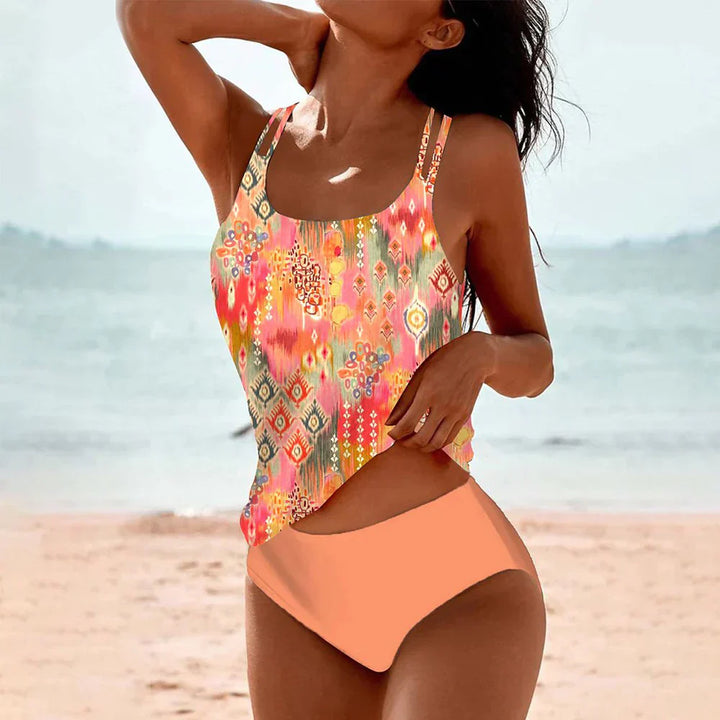 Women's multi-color ikat print orange high waisted tankini set front torso view