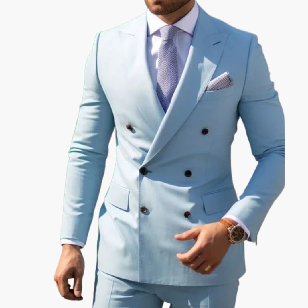 Light blue double-breasted formal suit with peak lapel detail