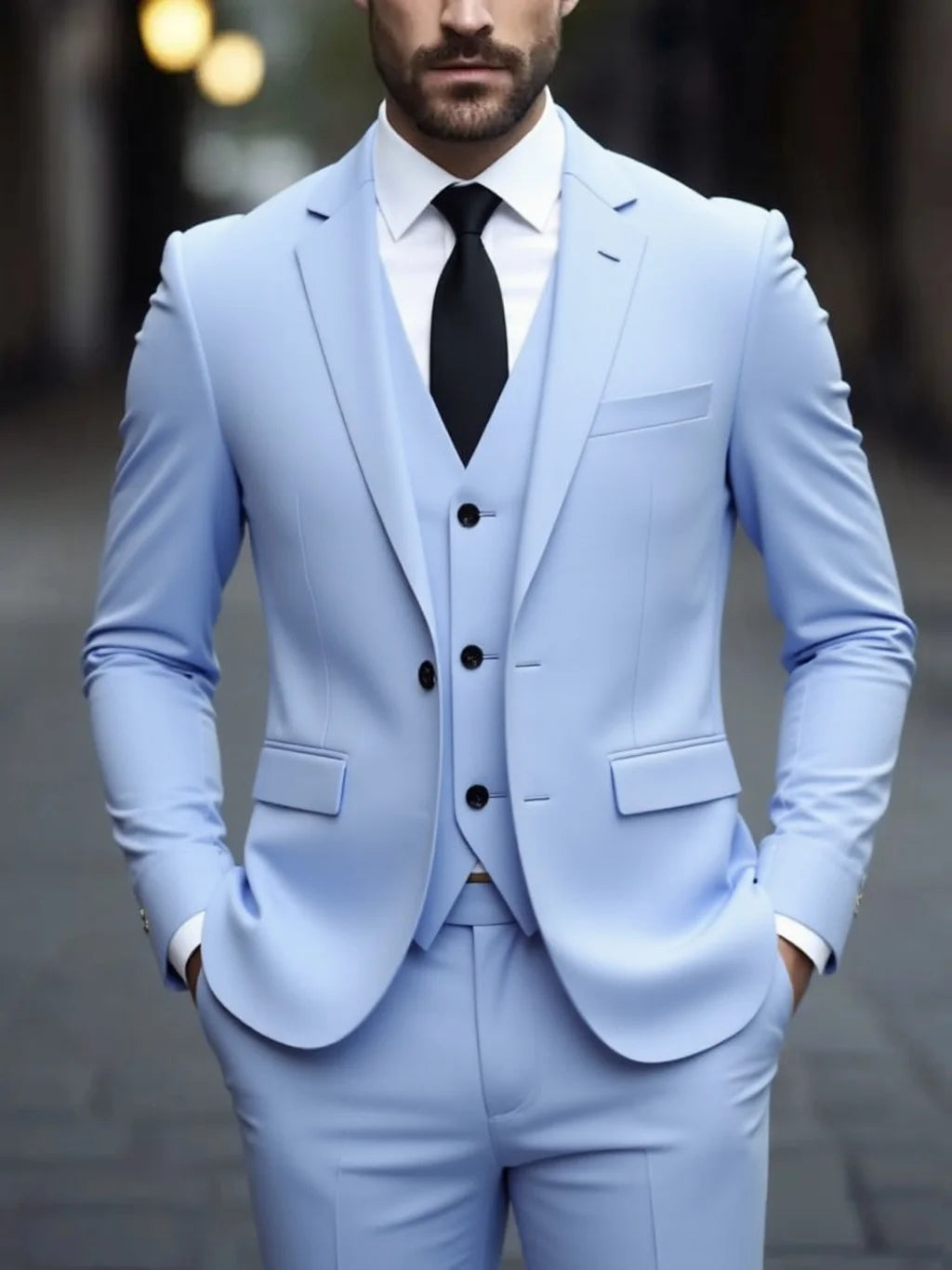Light blue double-breasted three-piece suit with vest and button details