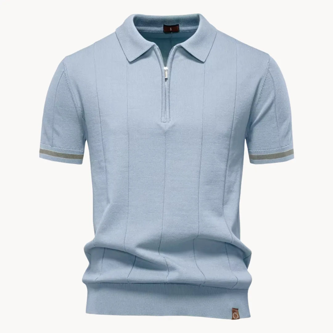 Light blue knit polo with quarter zip and gray sleeve trim accents