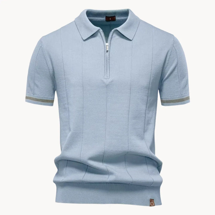 Light blue knit polo with quarter zip and gray sleeve trim accents
