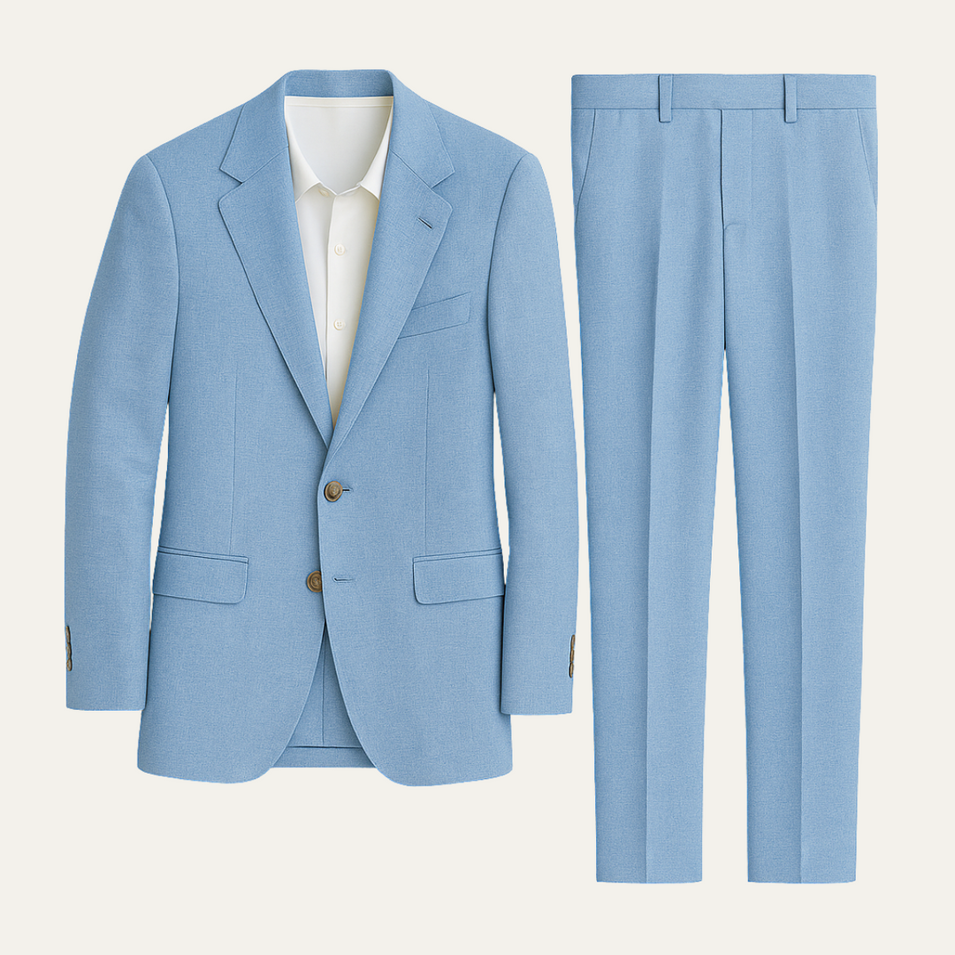 Light blue linen blend two-piece suit with blazer and trousers shown flat