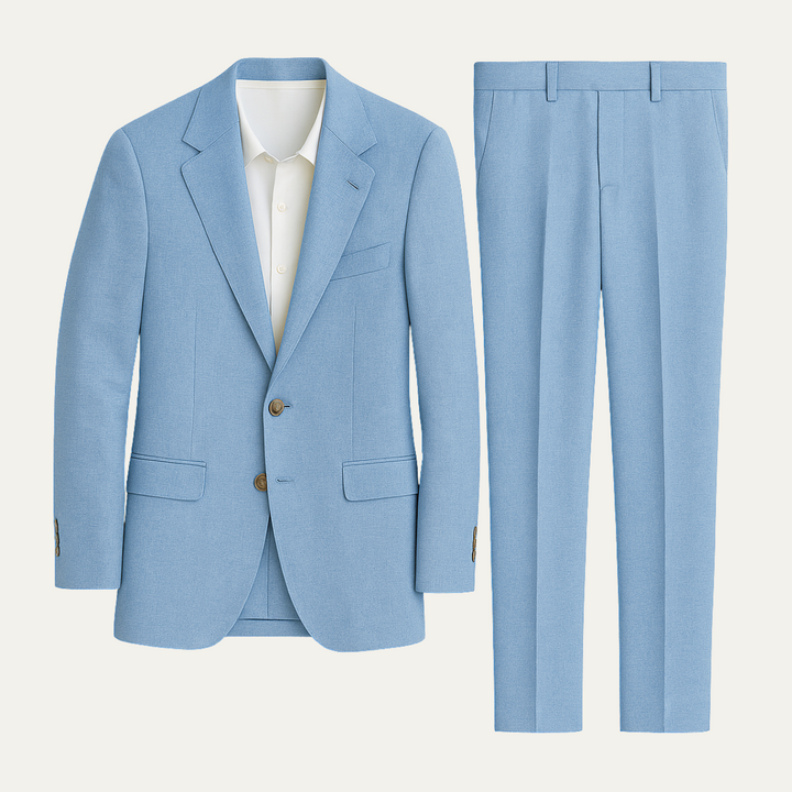 Light blue linen blend two-piece suit with blazer and trousers shown flat