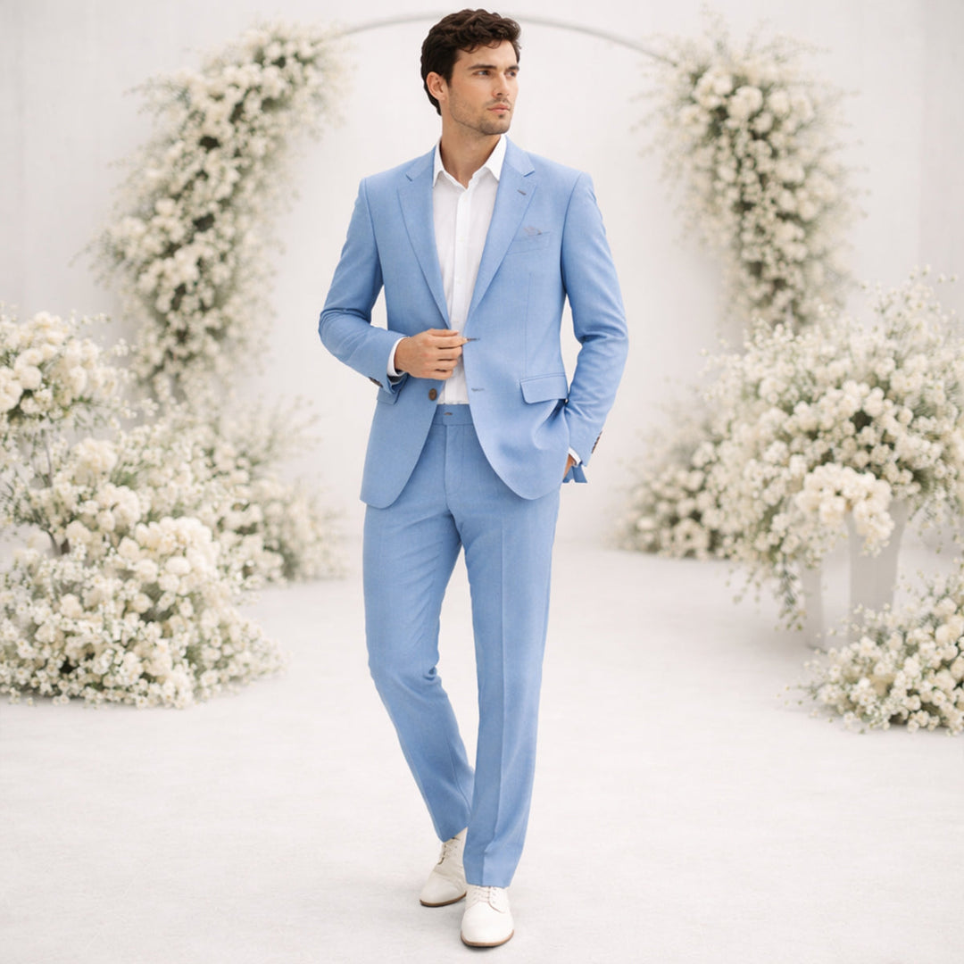 Light blue linen suit man with white dress shirt in formal setting