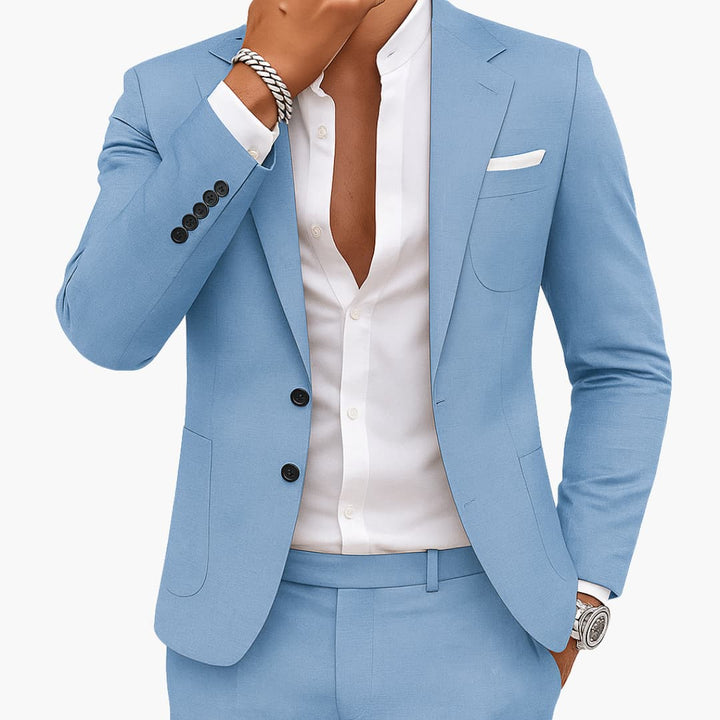 Light blue two-piece suit with notched lapel blazer, black buttons, and straight-leg pants