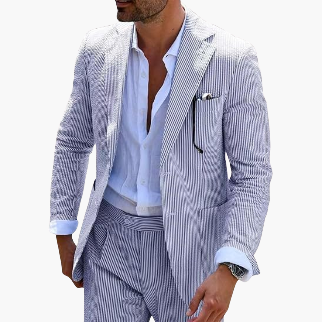 Light blue pinstripe blazer with open collar and light blue dress shirt