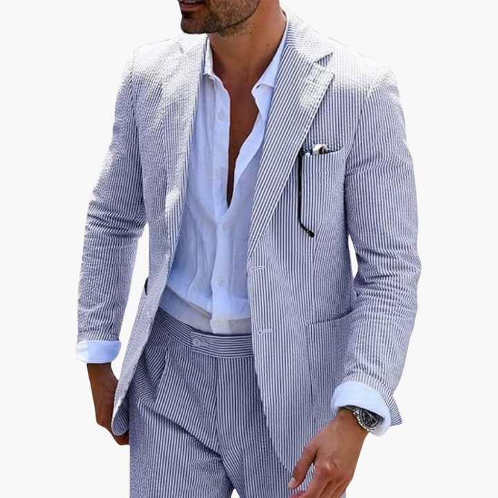Light blue pinstripe blazer with open collar and light blue dress shirt