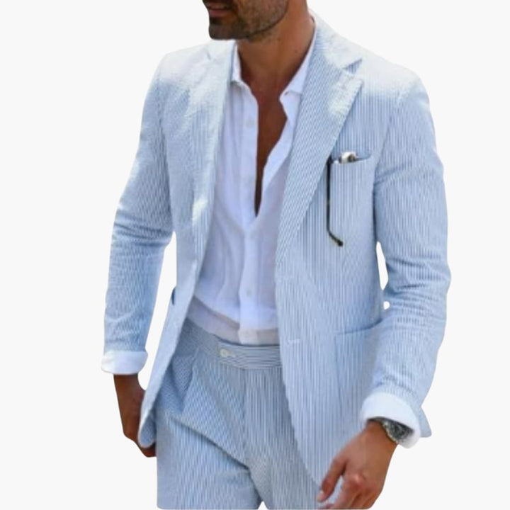 Light blue pinstripe blazer with textured weave and pocket square