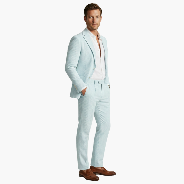 Light blue pinstripe two-piece suit with textured fabric and pocket detail