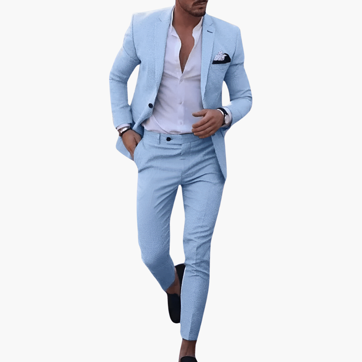 Light blue single-breasted suit with notched lapels and white shirt