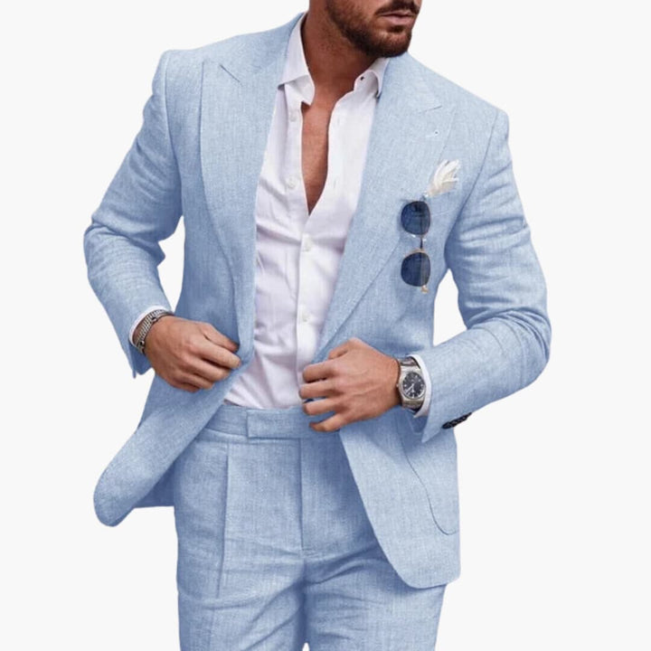 Light blue tailored blazer and trousers two-piece business suit front view