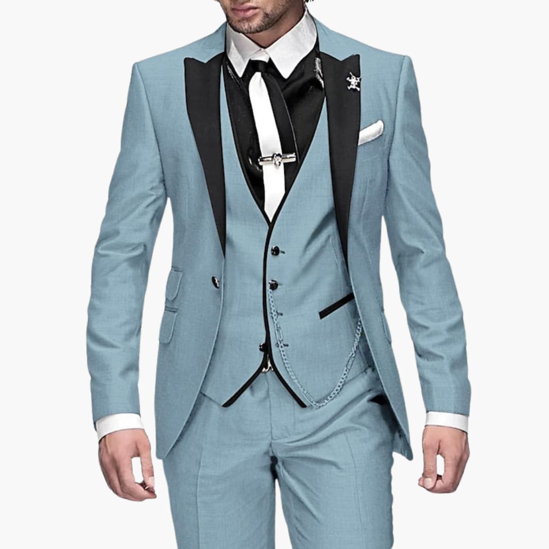 Light blue three-piece suit with black lapel vest and bow tie for weddings