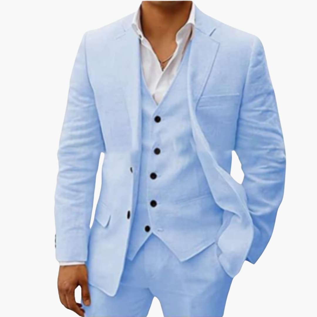 Light blue three-piece suit with blazer, vest, and pants with black buttons