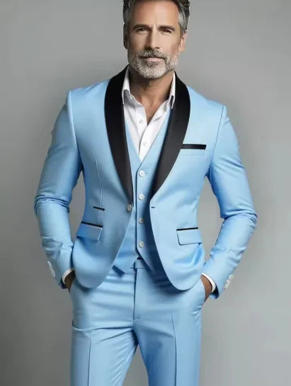 Light blue three piece formal suit with black lapel vest tailored fit