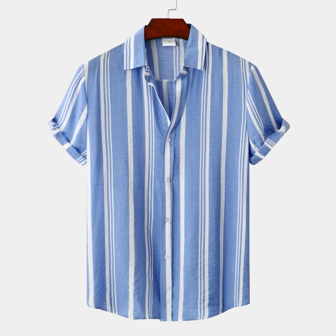 Back view of light blue striped short sleeve shirt with white stripes