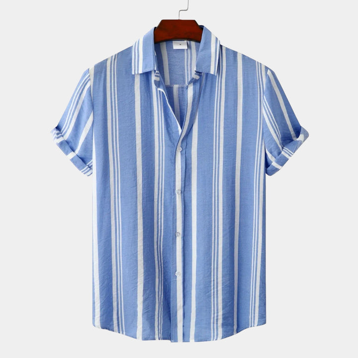 Back view of light blue striped short sleeve shirt with white stripes