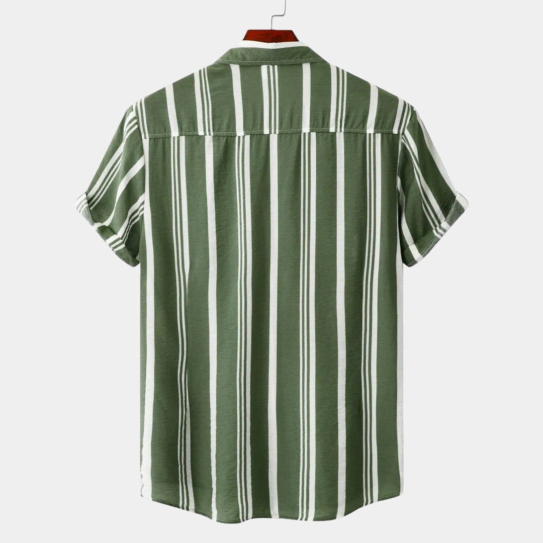 Light blue and white vertical striped short sleeve button-up shirt