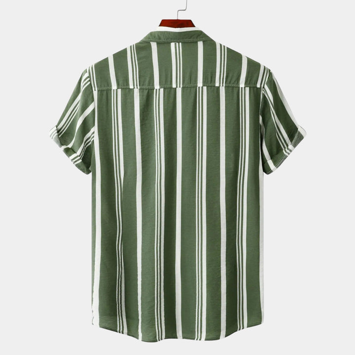 Light blue and white vertical striped short sleeve button-up shirt
