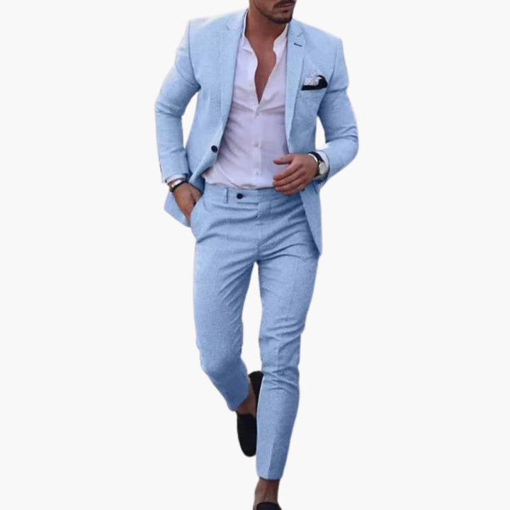 Light blue wool blend two-piece suit with structured blazer and fitted pants