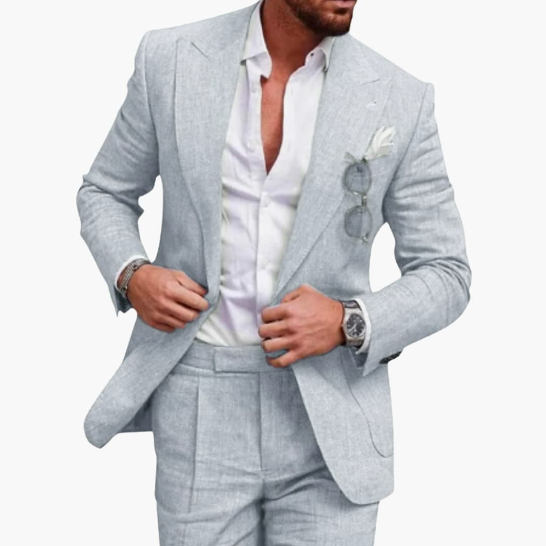 Light gray linen business suit with pleated trousers front view