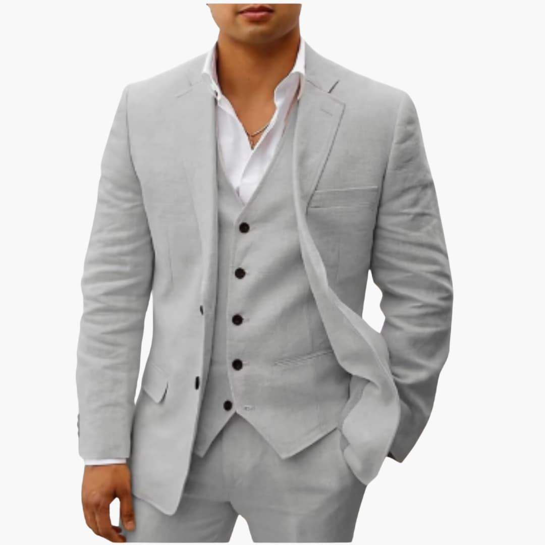 Light gray three-piece suit with single-breasted blazer, vest, and pants