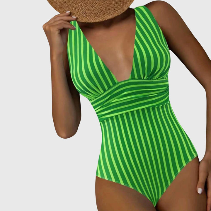 Lime green and darker green striped v-neck one-piece swimsuit front view