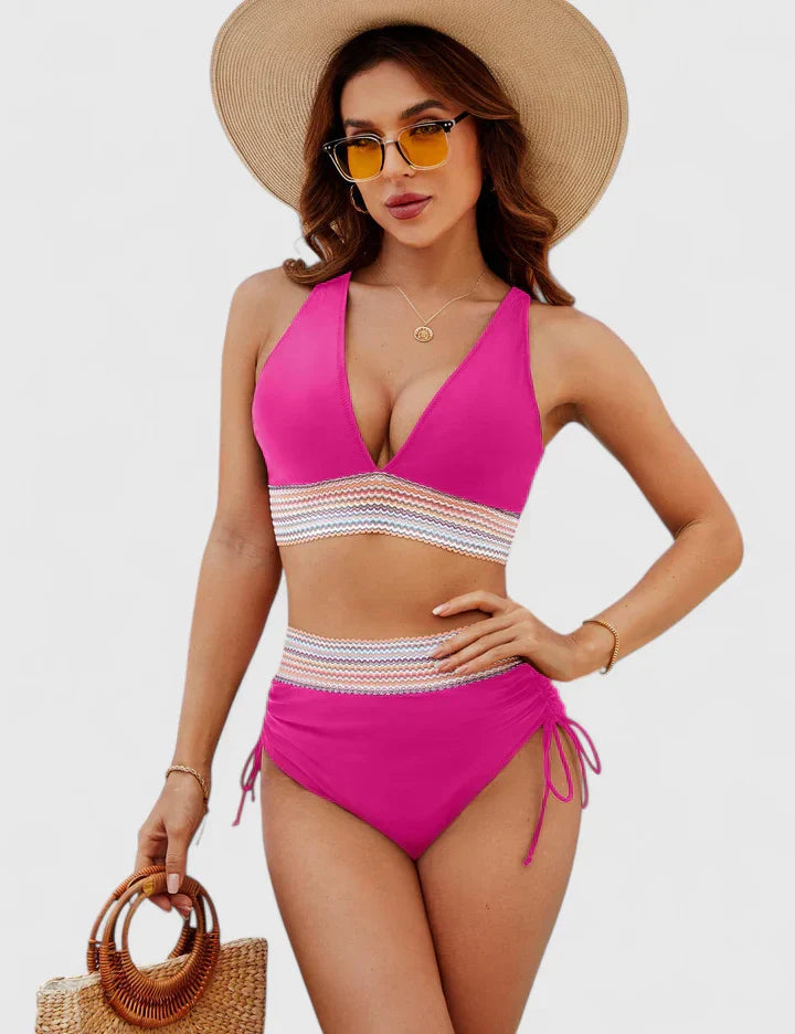Magenta halter bikini with pastel striped band and side tie bottoms
