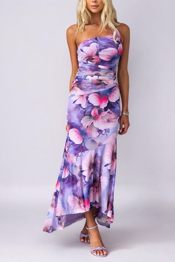 Women purple floral one shoulder maxi dress with ruched bodice, front view.