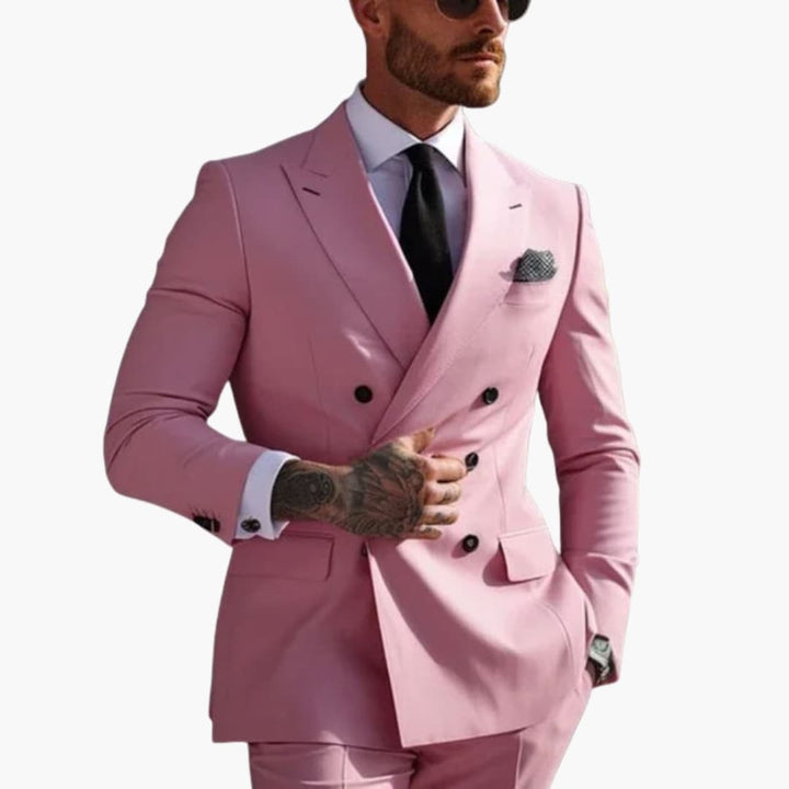 Mauve double-breasted formal suit with peak lapel side view