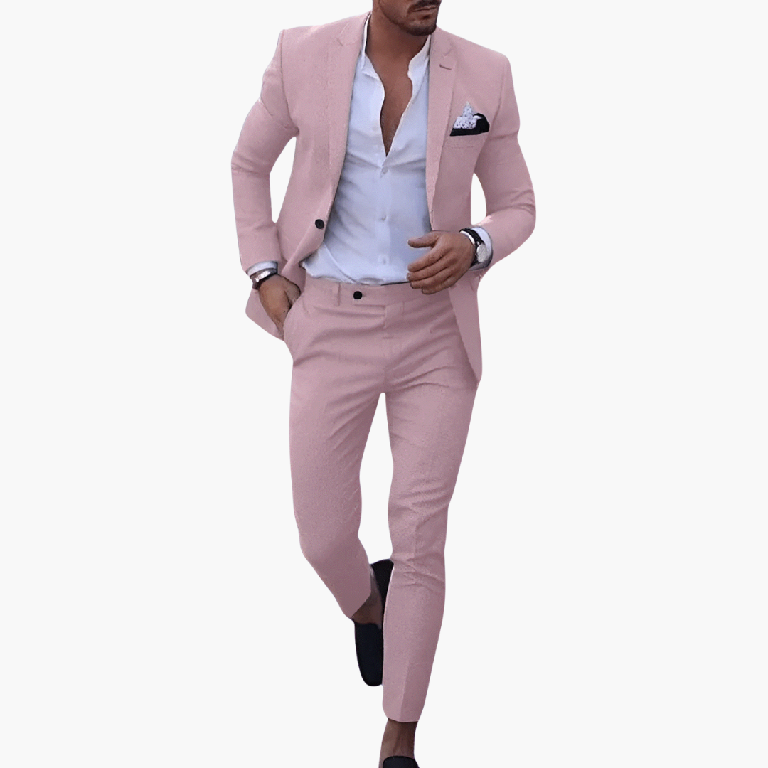 Mauve pink single-breasted suit with notched lapels and white shirt