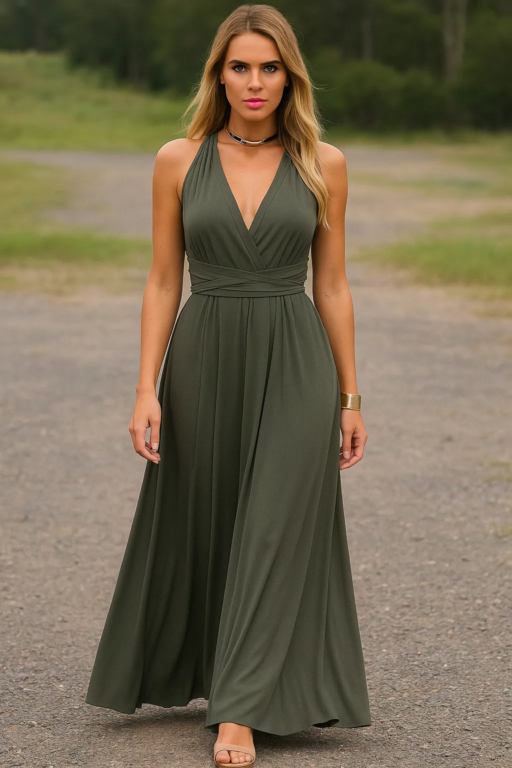 Women olive green multi-way maxi dress with V-neckline and wrapped waist, full length outdoor shot