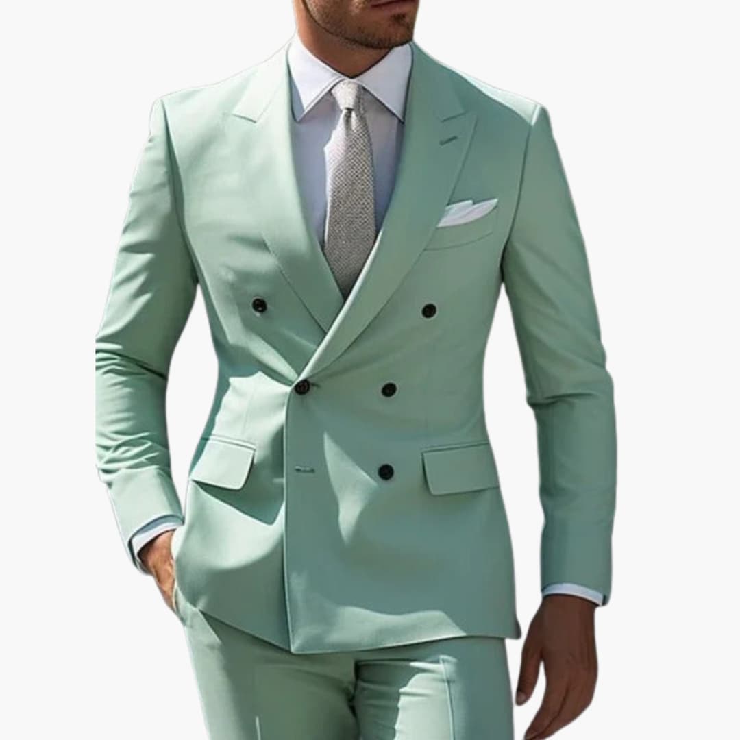 Mint green double-breasted formal suit with peak lapel front