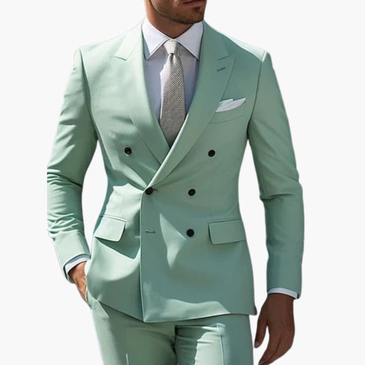 Mint green double-breasted formal suit with peak lapel front