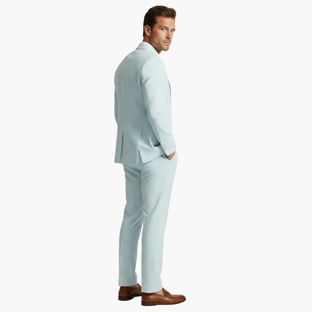 Mint pinstripe suit back view displaying jacket and pant silhouette