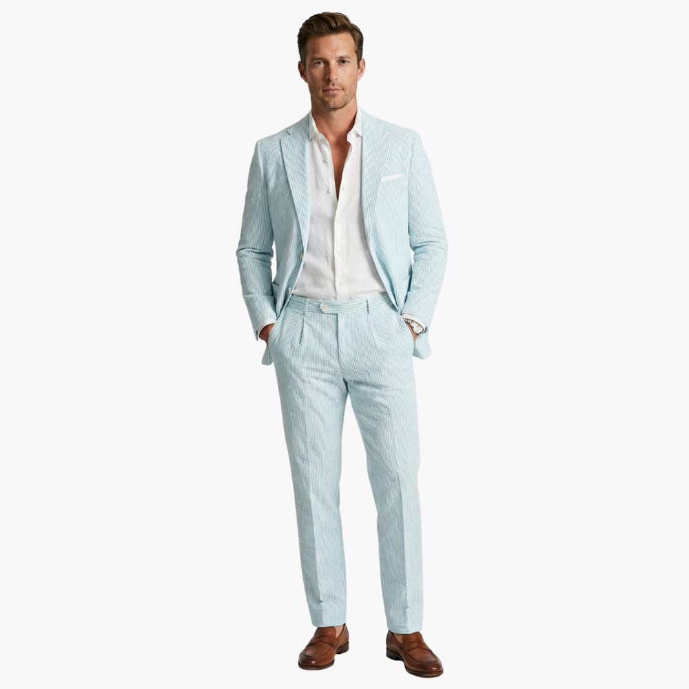 Mint pinstripe summer suit full-length front view with white shirt
