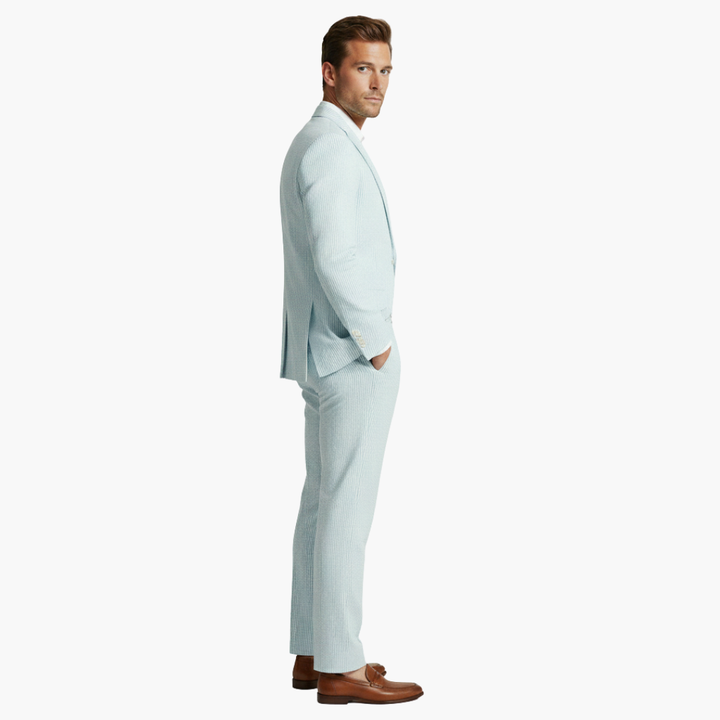 Mint pinstripe suit side profile showing jacket and trouser fit