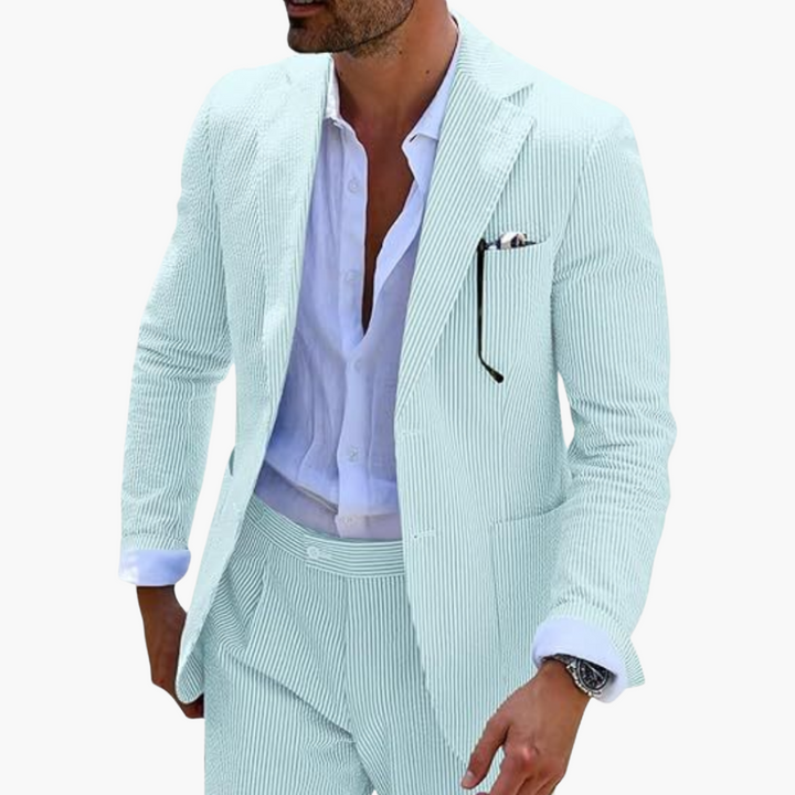 Light mint pinstripe two-piece suit with textured blazer and matching trousers