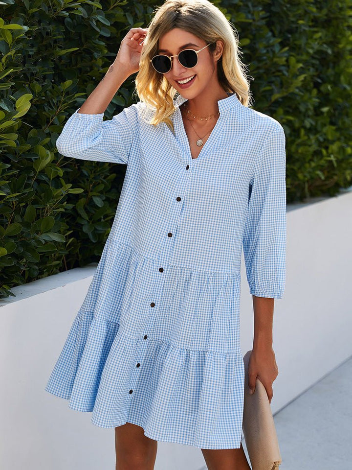 Women Spring Gingham Scoop Neck Flowy Midi Dress