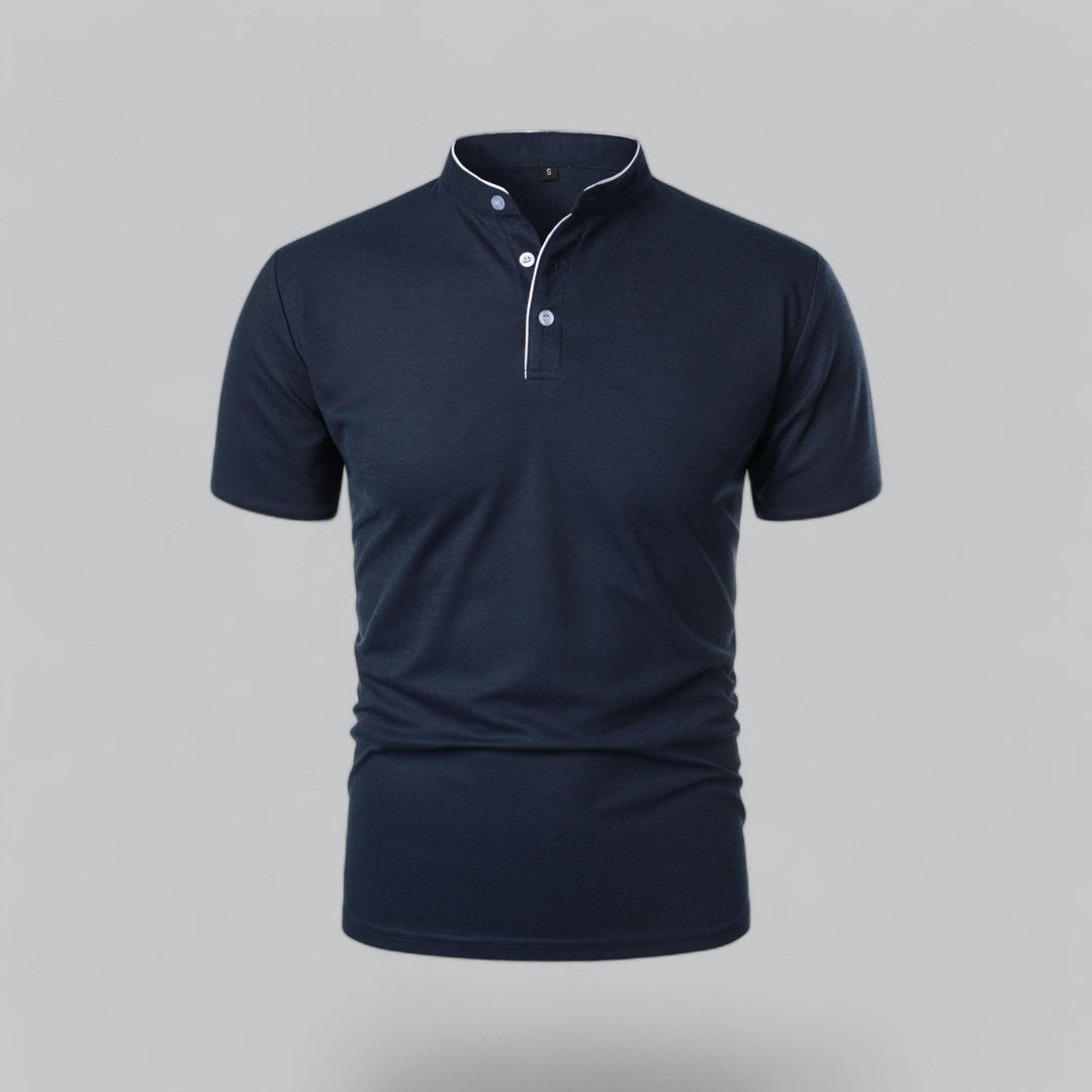 Navy blue collarless polo with white stripe detail front