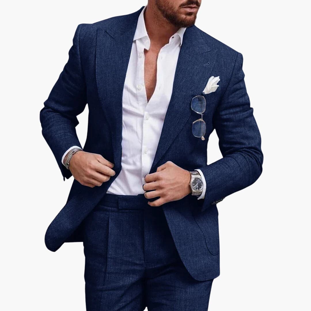 Navy denim-textured semi-formal two-piece suit front view