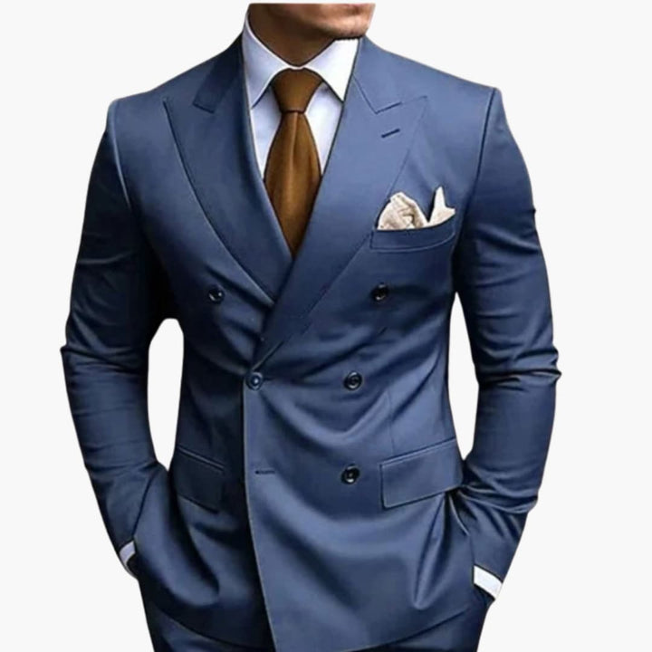 Navy double-breasted formal suit with peak lapel front view