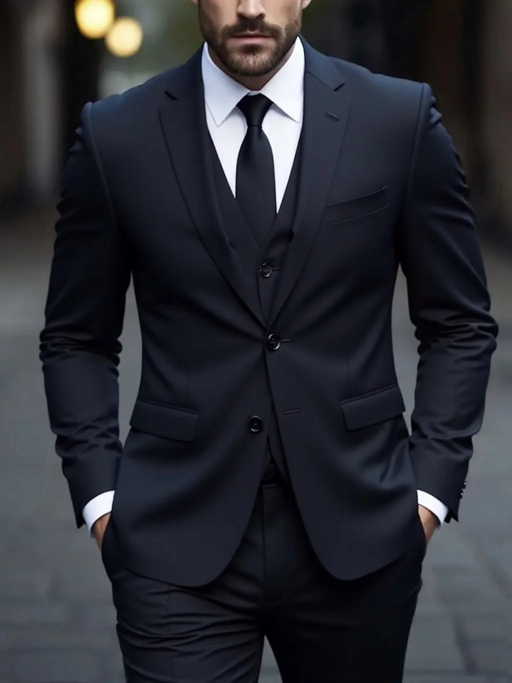 Navy double-breasted three-piece formal suit with notch lapels and vest