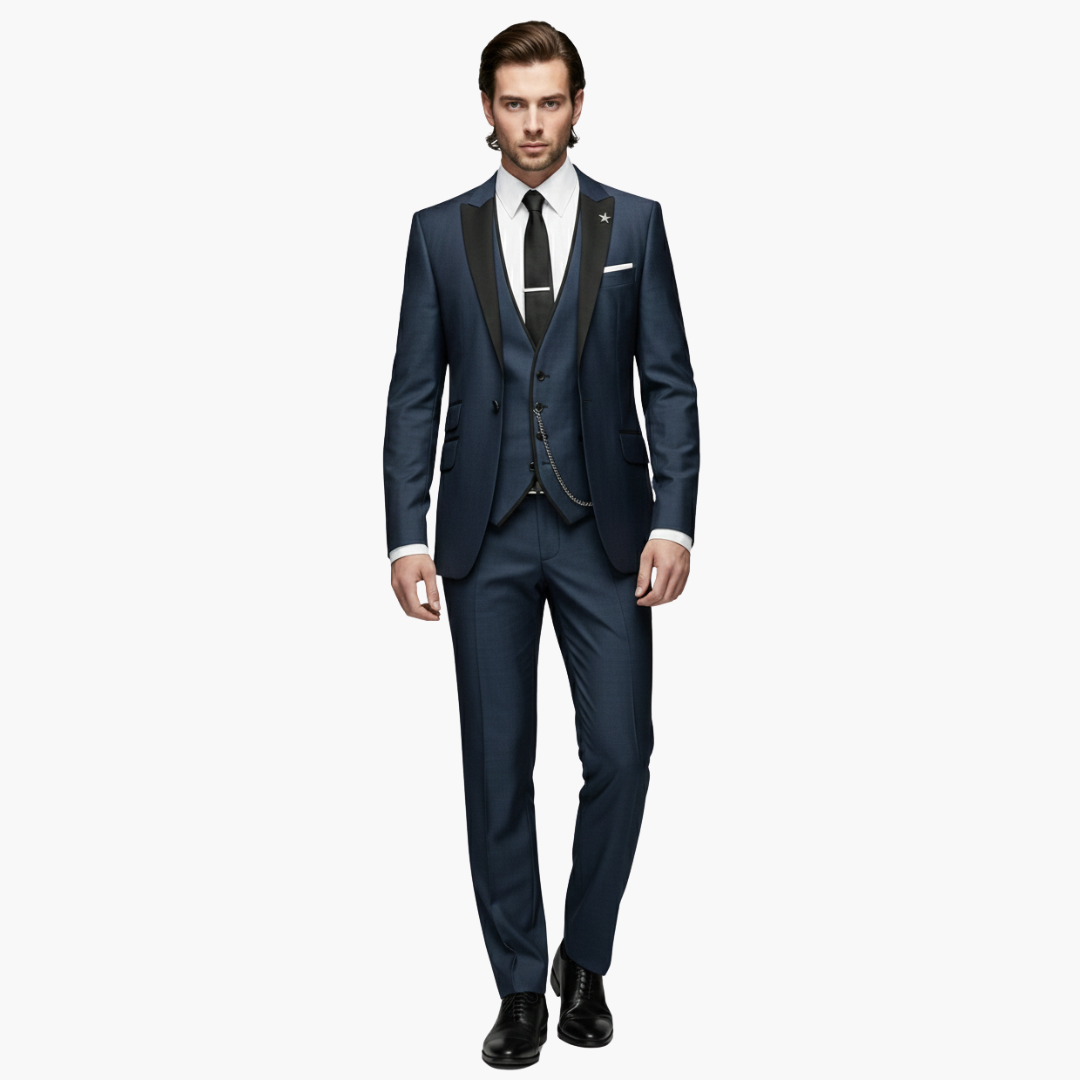 Navy blue formal three-piece suit with notch lapel blazer and chain detail