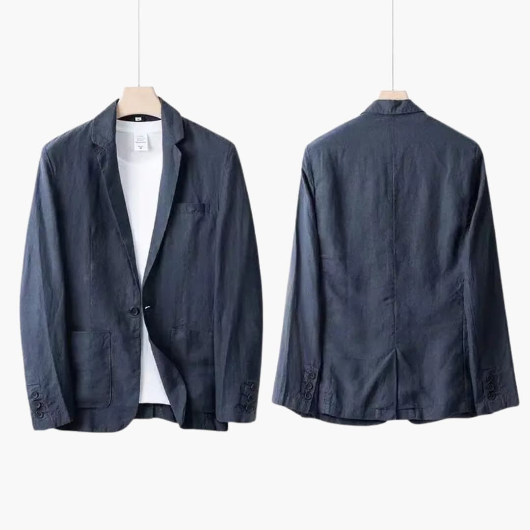 Navy blue linen blazer with notch lapel and dark denim straight pants