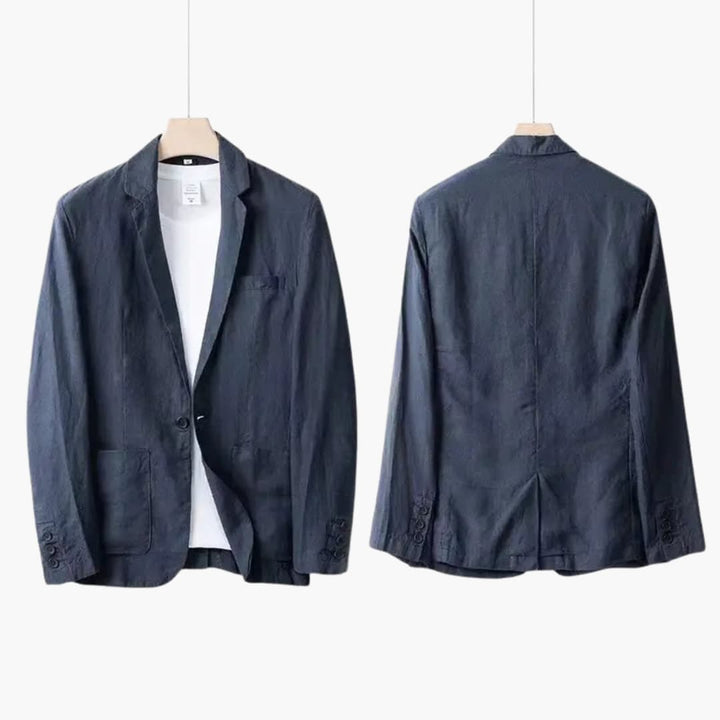 Navy blue linen blazer with notch lapel and dark denim straight pants