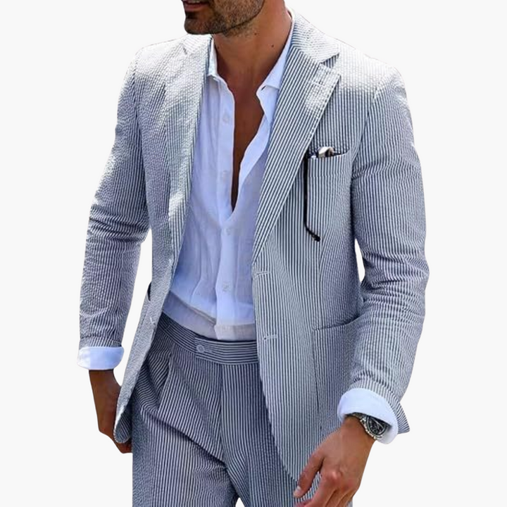 Navy pinstripe two-piece suit with textured blazer and matching trousers